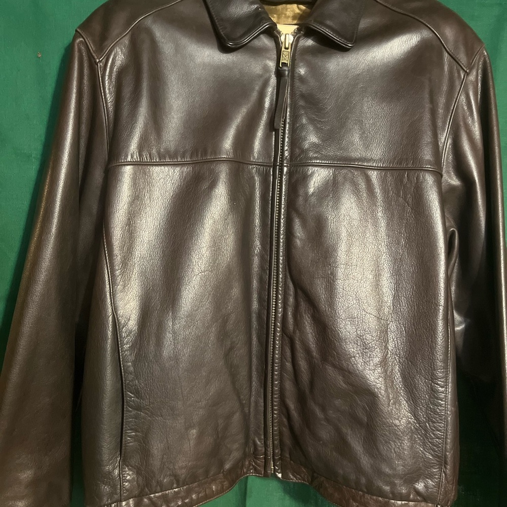 Andrew Marc Brown Leather Bomber Jacket with Full Zipper